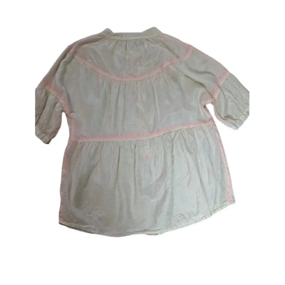 J. Crew Ivory Silk Cotton Babydoll Blouse Pink Trim Puff Sleeve Sz 0